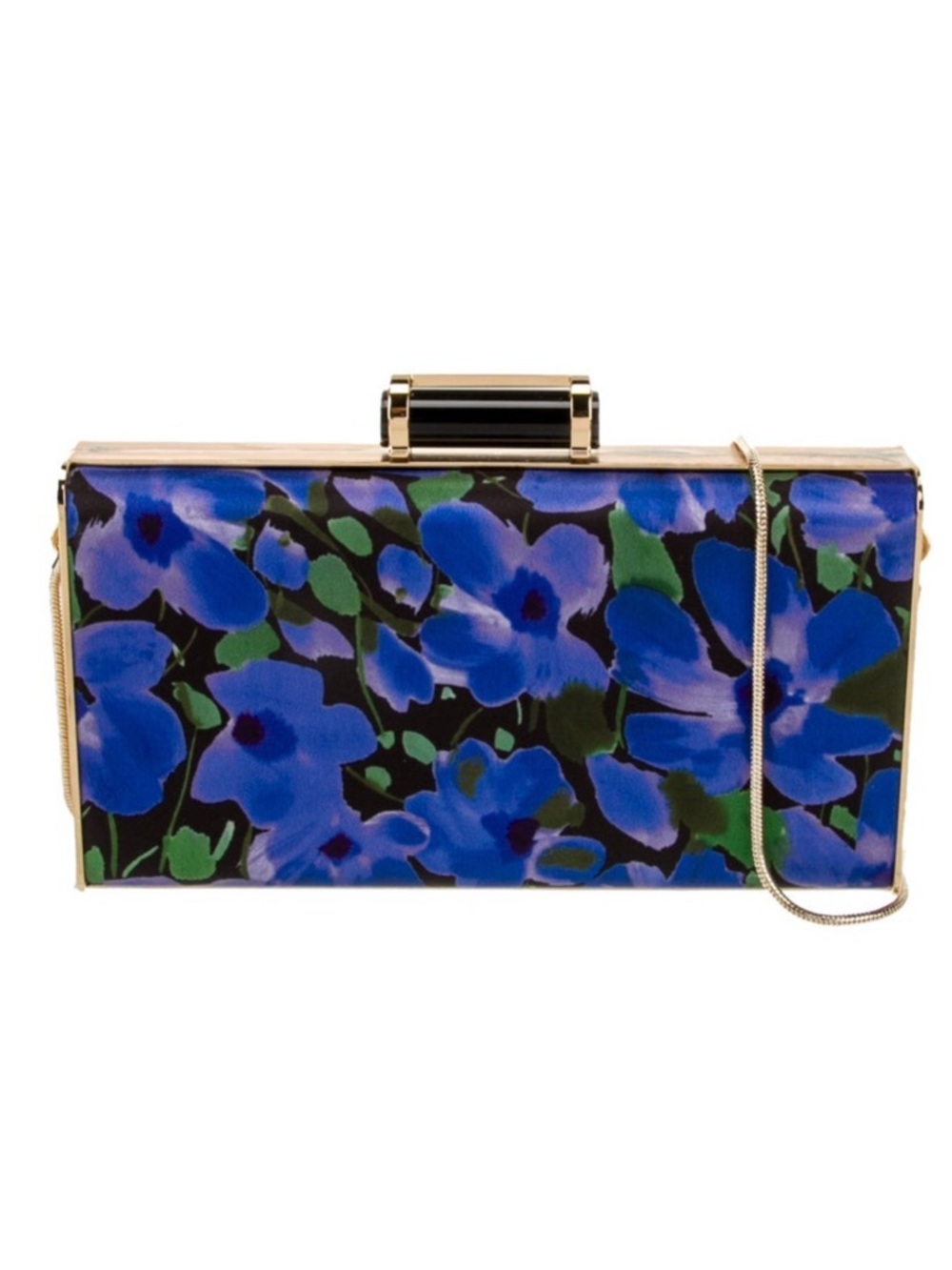 Carolina Herrera Blue Floral Acrylic Box Clutch with Gold Trim